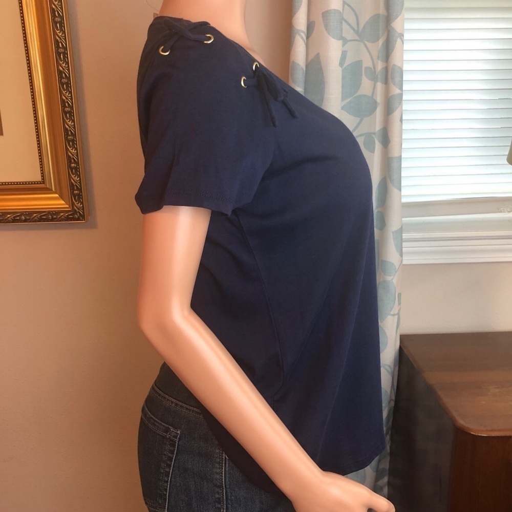 MICHAEL Michael Kors Navy Blue Lace-Up Shoulder Top with Gold Grommets - Picture 6 of 10